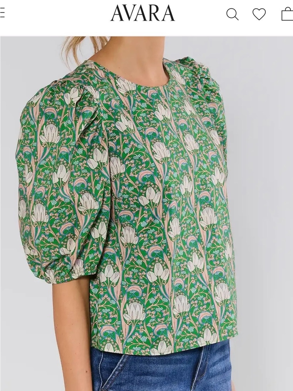 Avara Green Floral Puff-Sleeve Blouse Medium NWT
